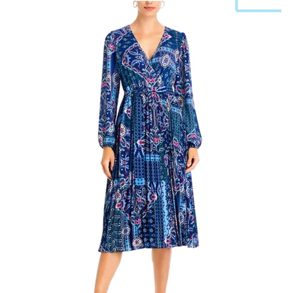 T Tahari Faux Wrap Paisley Blue Midi Dress Blouson Sleeve Pleated Small